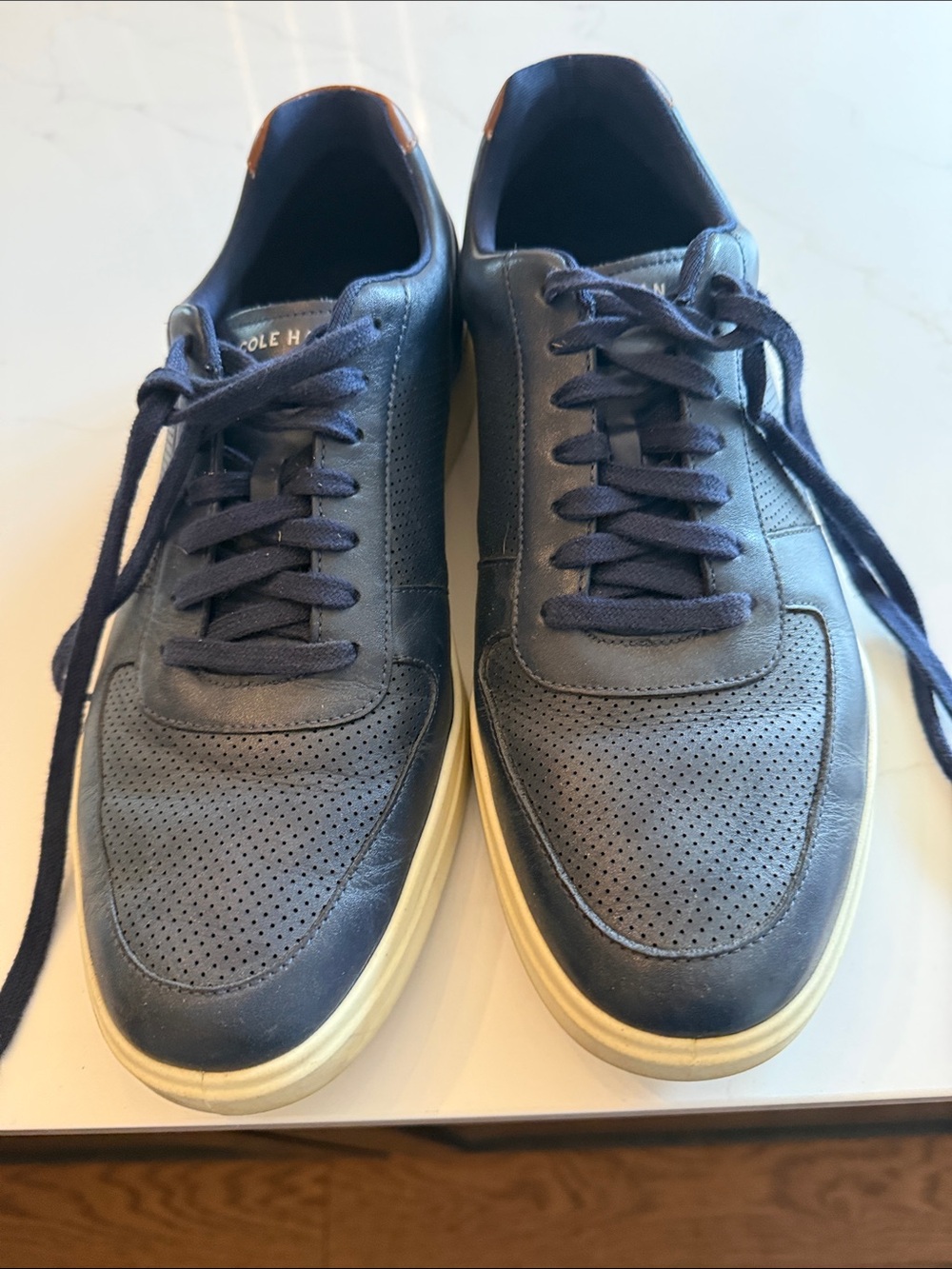 Cole Haan Navy Leather Perforated Lace-Up Sneakers with Cream Sole